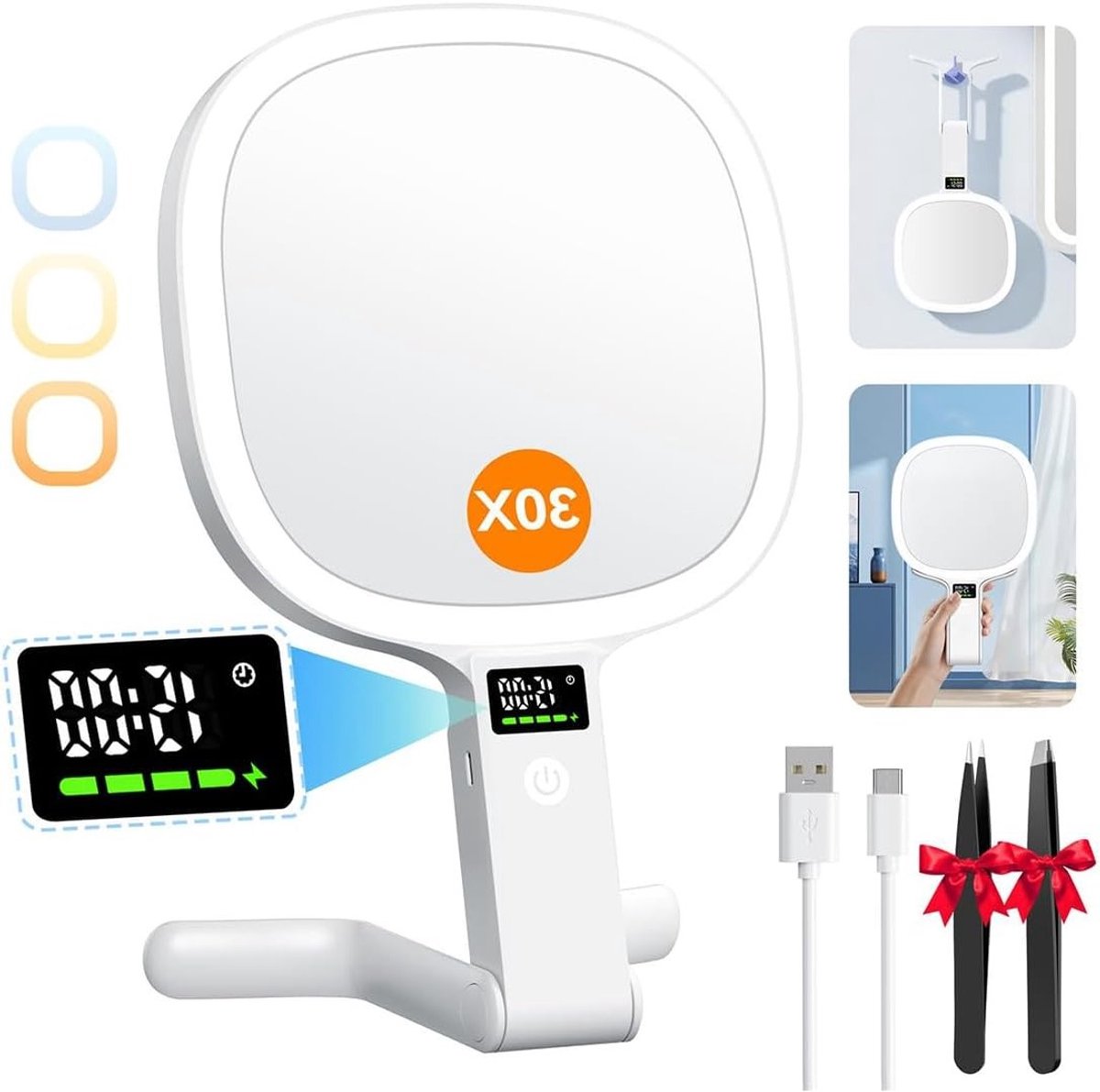 Verlichte Make-up Spiegel met LED Scherm voor Tijd, Batterij en Helderheid, Dubbelzijdige 30X/1X Spiegel, Vouwbare Draagbare Reis Spiegel, Oplaadbaar via USB, Perfect voor Make-up en Verzorging