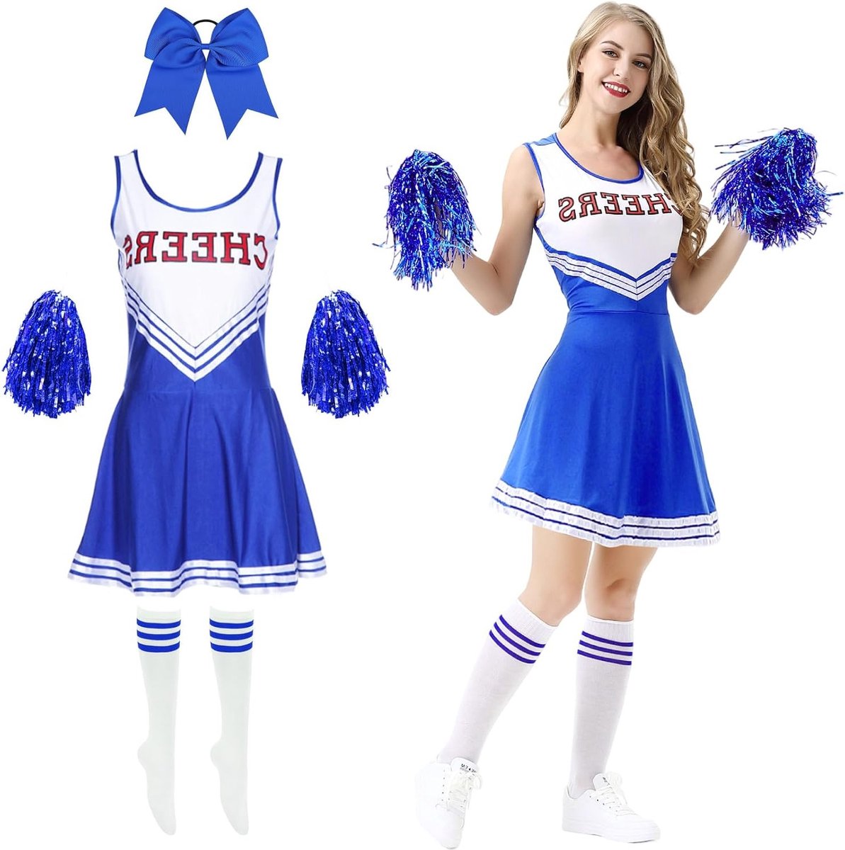 Vrouwelijk Cheerleader Kostuum met Pompoms, Haaraccessoires en Sokken voor Carnaval en Cosplay Feesten