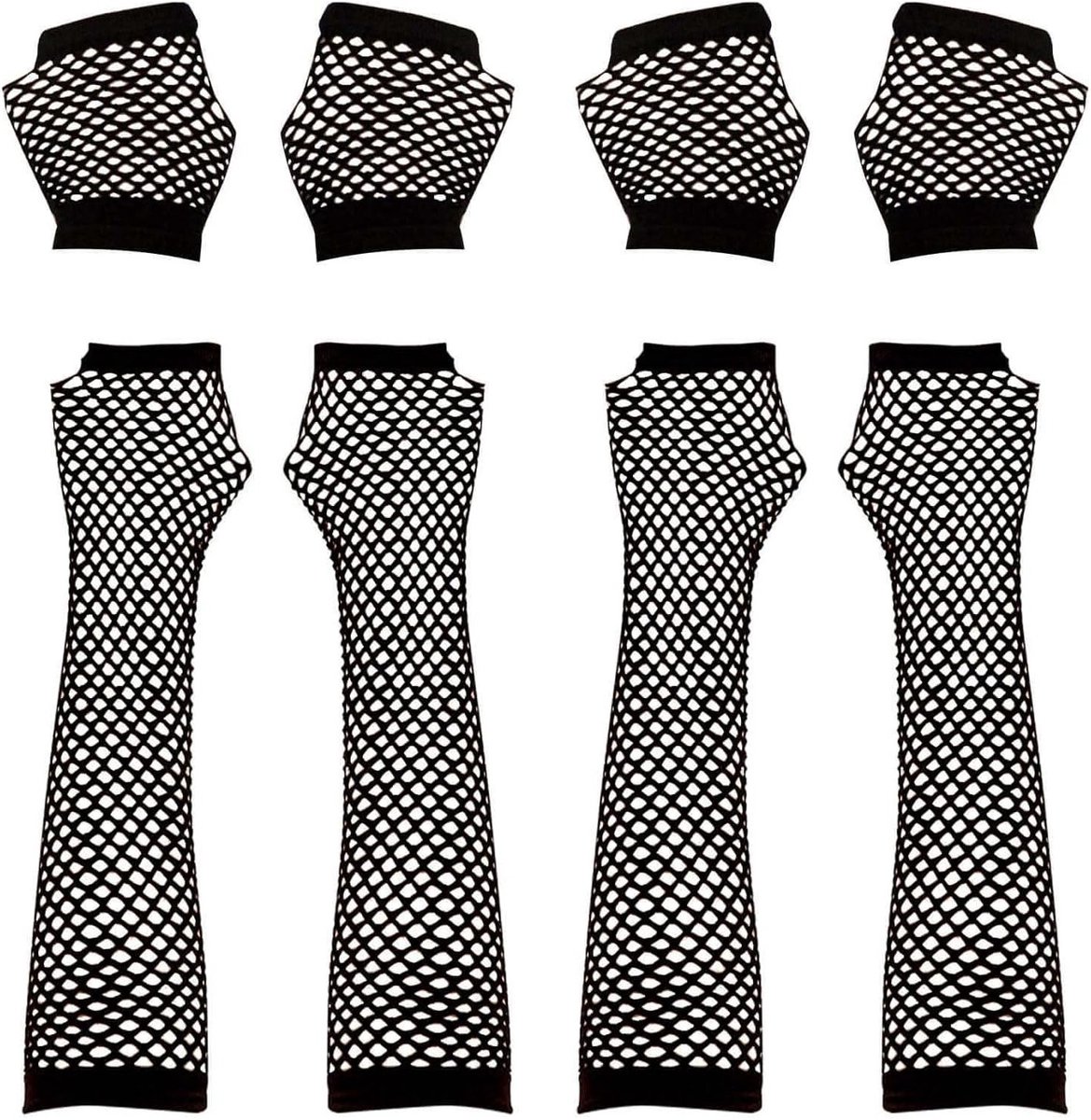 Net Handschoenen Set van 4 - Lange en Korte Rekbare Zwarte Netgloves voor 80s Kostuums en Feestaccessoires