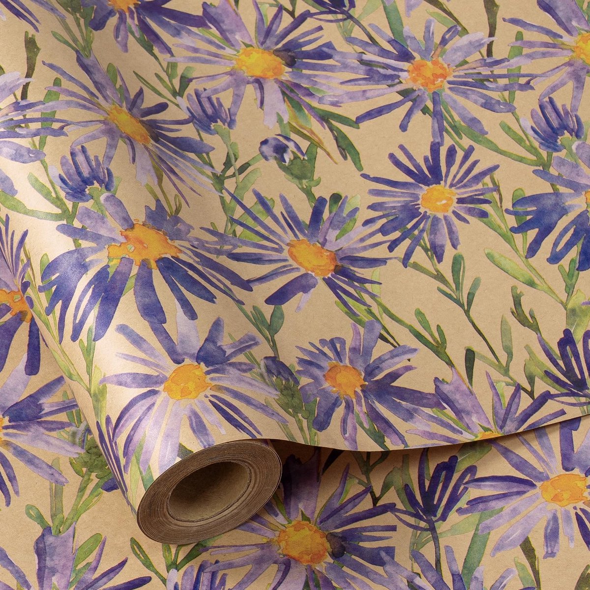 Dailygoods - Dailygoody - Geschenkpapier - Kraftpapier - Paars - Aquarel bloemeninpakpapier - Mini-rol - Perfect voor verjaardagen en bruiloften
