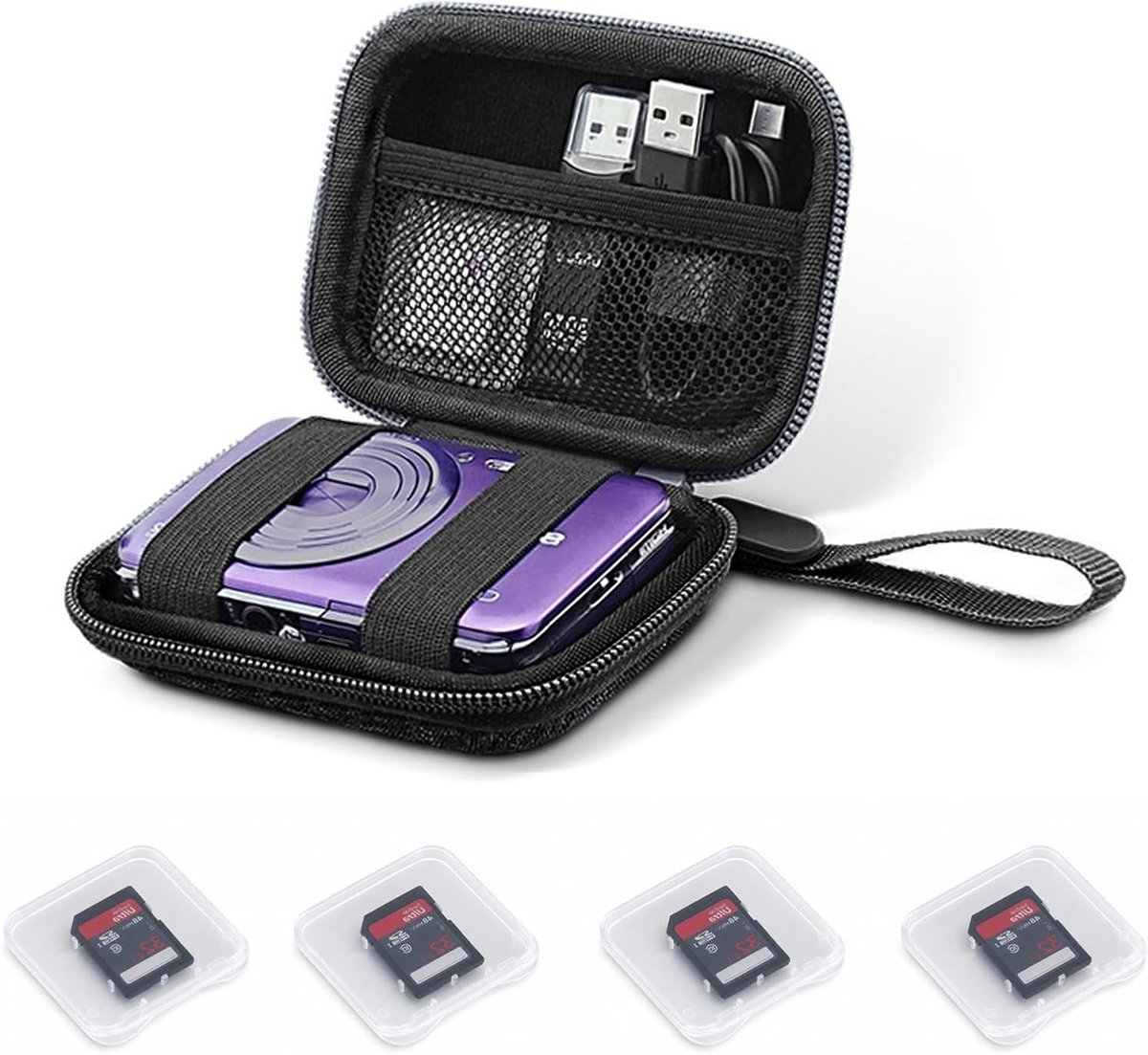 Hoes voor digitale camera's, opberghouder voor reiscamera's met netvak voor kabels en geheugenkaarten, inclusief 4 gratis hoesjes voor SD-kaarten