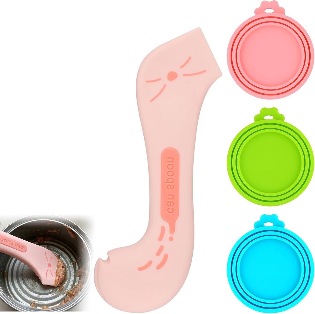 Multifunctioneel siliconen deksel voor huisdieren, 3 stuks, met lepel voor kattenvoer en hondenvoer, universele oplossing voor voederdozen