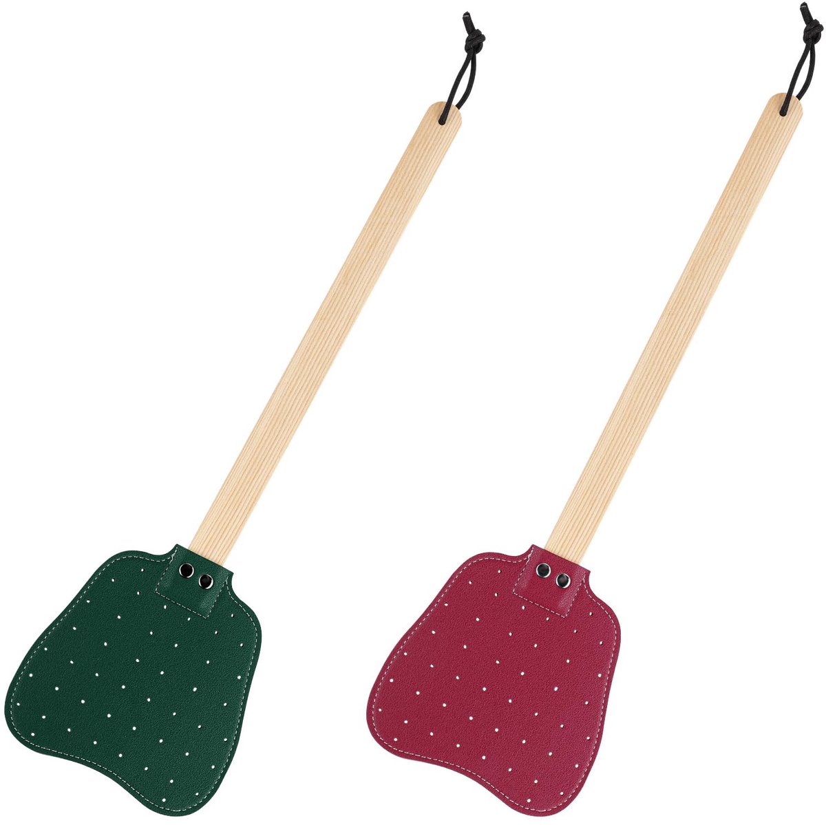 Dailygoods - Dailygoody - Leren Vliegenmeppers - Handmatige Vliegenmepper - Lange Houten Handgreep - Rood en Donkergroen - Zware Vliegenmepper - Geschikt voor Binn...
