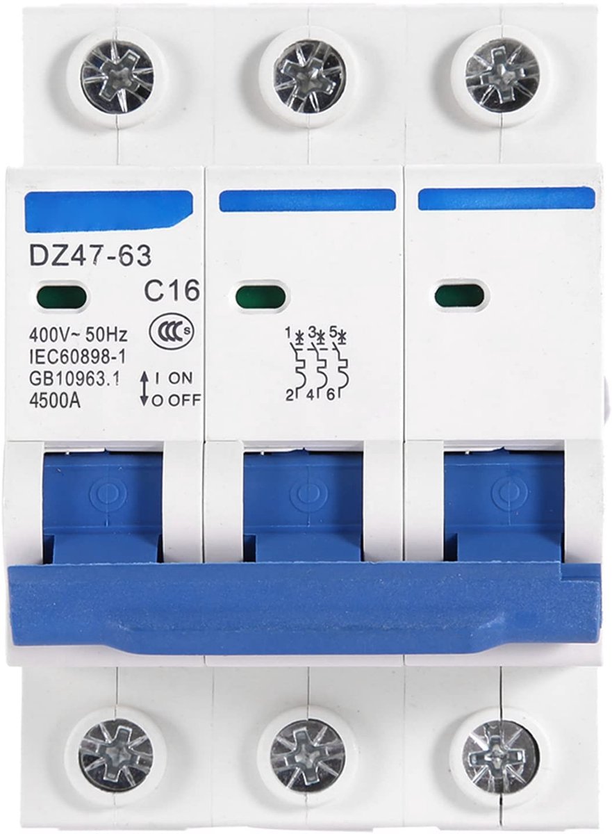 Dailygoody - Miniatuur stroomonderbreker - 3-polig - 16A 400V AC - Overload bescherming - Geschikt voor DC systemen - Betrouwbare beveiliging