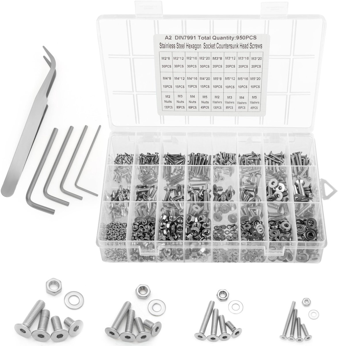 Dailygoody - Verzonken Schroeven Set - Roestvrijstaal - 950 Stuks - Hex Socket - DIY en Machinereparatie - Inclusief Opslagdoos