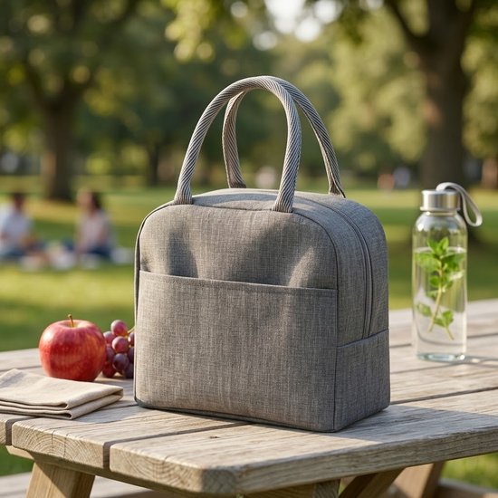 Grijze koeltas dames en heren draagbare handtas lunch tas geïsoleerde opberg tas met dubbele handgreep berenpatroon geschikt voor werk woon werkverkeer en vrije tijd compacte tote bag stijl van NUVEX — afbeelding 4