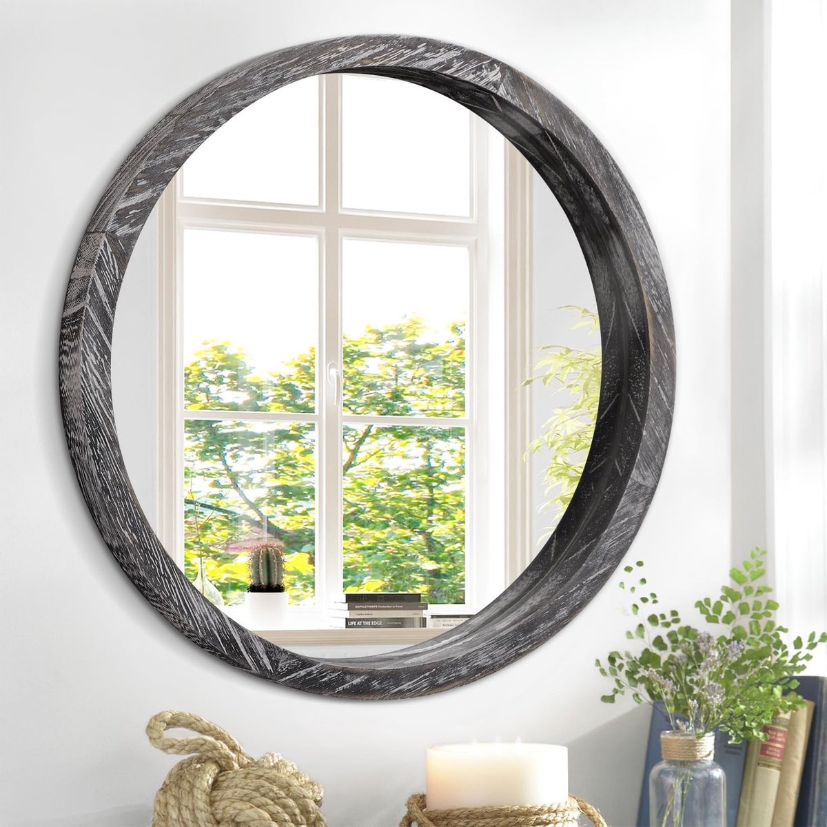 Rustieke ronde wandspiegel van 50 cm voor badkamer, entree en woonkamer decoratie, zwart h
