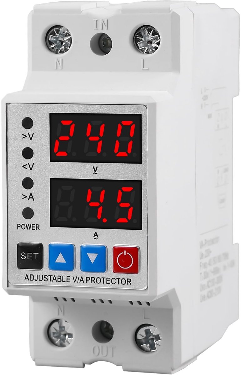 Dailygoods - Dailygoody - Onderspanningsbeveiliging - Spanningsstabilisator - Automatische reset - Compact - Stroommeter - Veiligheid voor jouw elektrische install