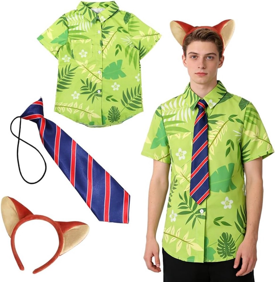 Hawaiiaans overhemd met geprinte kopband met vosseoren en gestreepte stropdas voor volwassenen - Perfect voor Halloween, kerst en carnaval