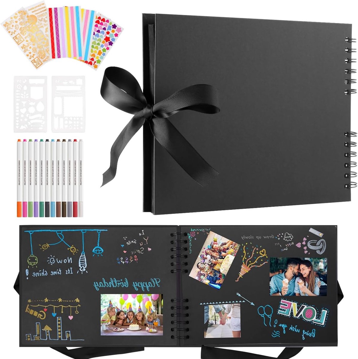 Aangepast: Gepersonaliseerd Scrapbook Fotoalbum met 12 Metallic Markers, 80 Bladzijden Zwart Karton, Stevige Hard Cover en Roestvrije Binding, Perfect Cadeau voor Creatieve Herinneringen