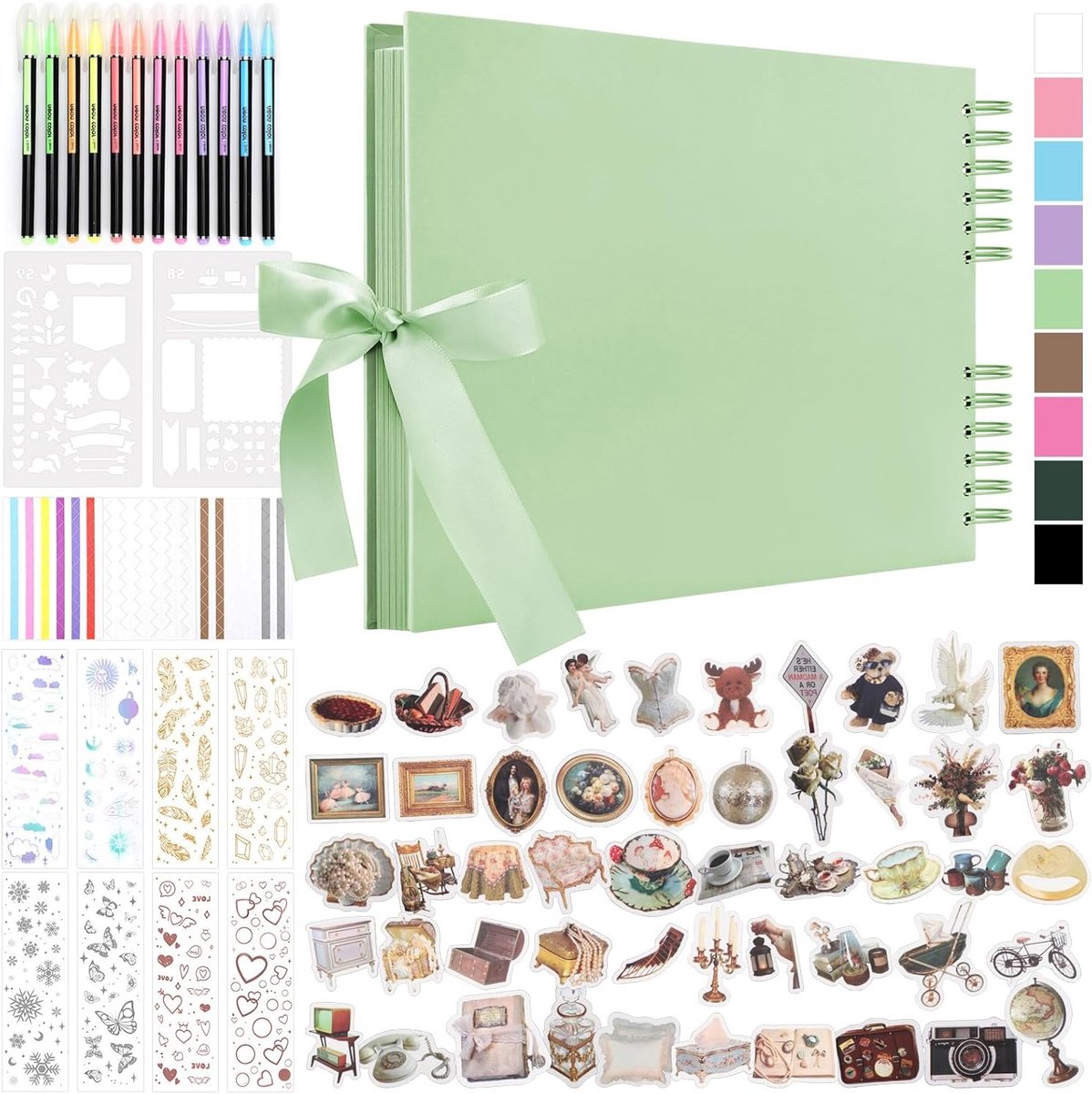 DIY Scrapbook Fotoalbum met 80 Pagina's, Hardcover, Inclusief 12 Markers en 7 Stickers voor Creatieve Projecten, Knutselen en Herinneringen Vastleggen, Groen