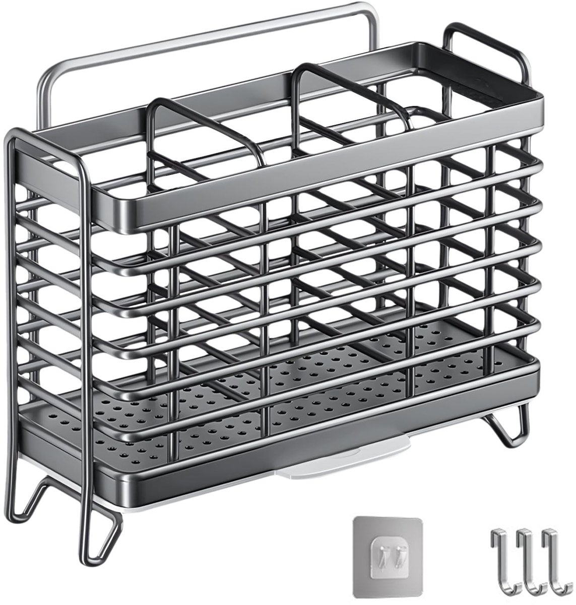 Dailygoods - Cosensi - Dailygoody - Cutlery Basket - Keukenorganizer - Muurbevestiging zonder boren - Grijs - Bestendig en stijlvol - Handig voor iedere keuken - Ruimtebespa