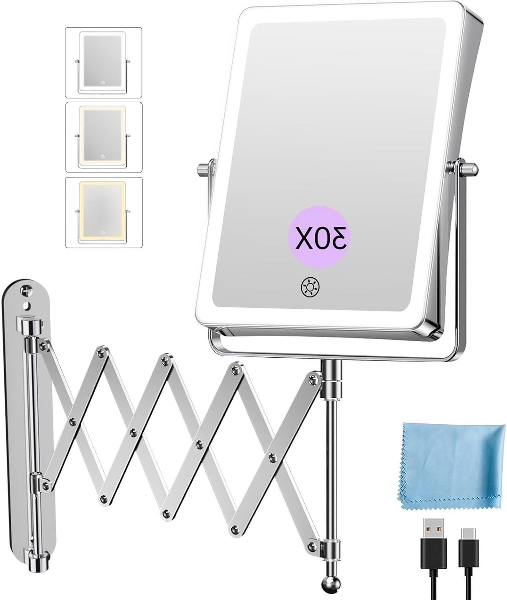 Oplaadbare Wandspiegel voor Make-up met Verlichting en Vergrotende Functie, 3 Kleuren Licht, Dimbaar en 360° Rotatie, Ideaal voor Badkamer en Schoonheid