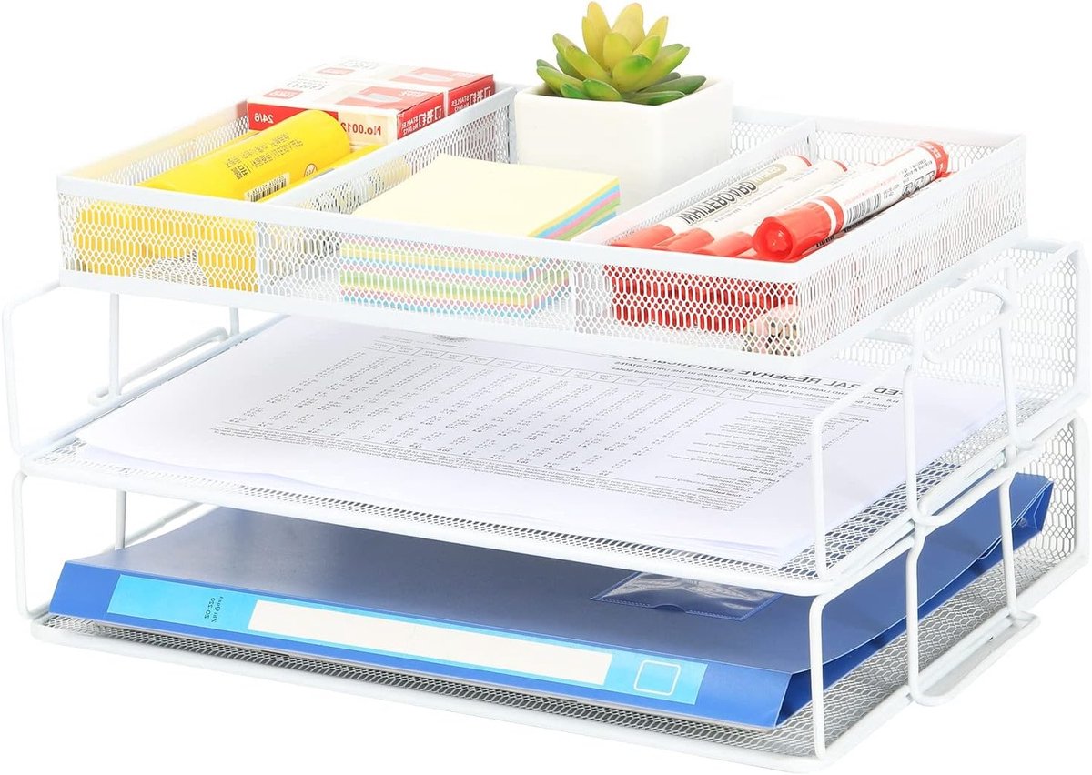 2-laags A4 Mesh Inlay Tray - Stapelbare Bureau Organizer voor Documenten, Tijdschriften en Kantoorbenodigdheden, Wit