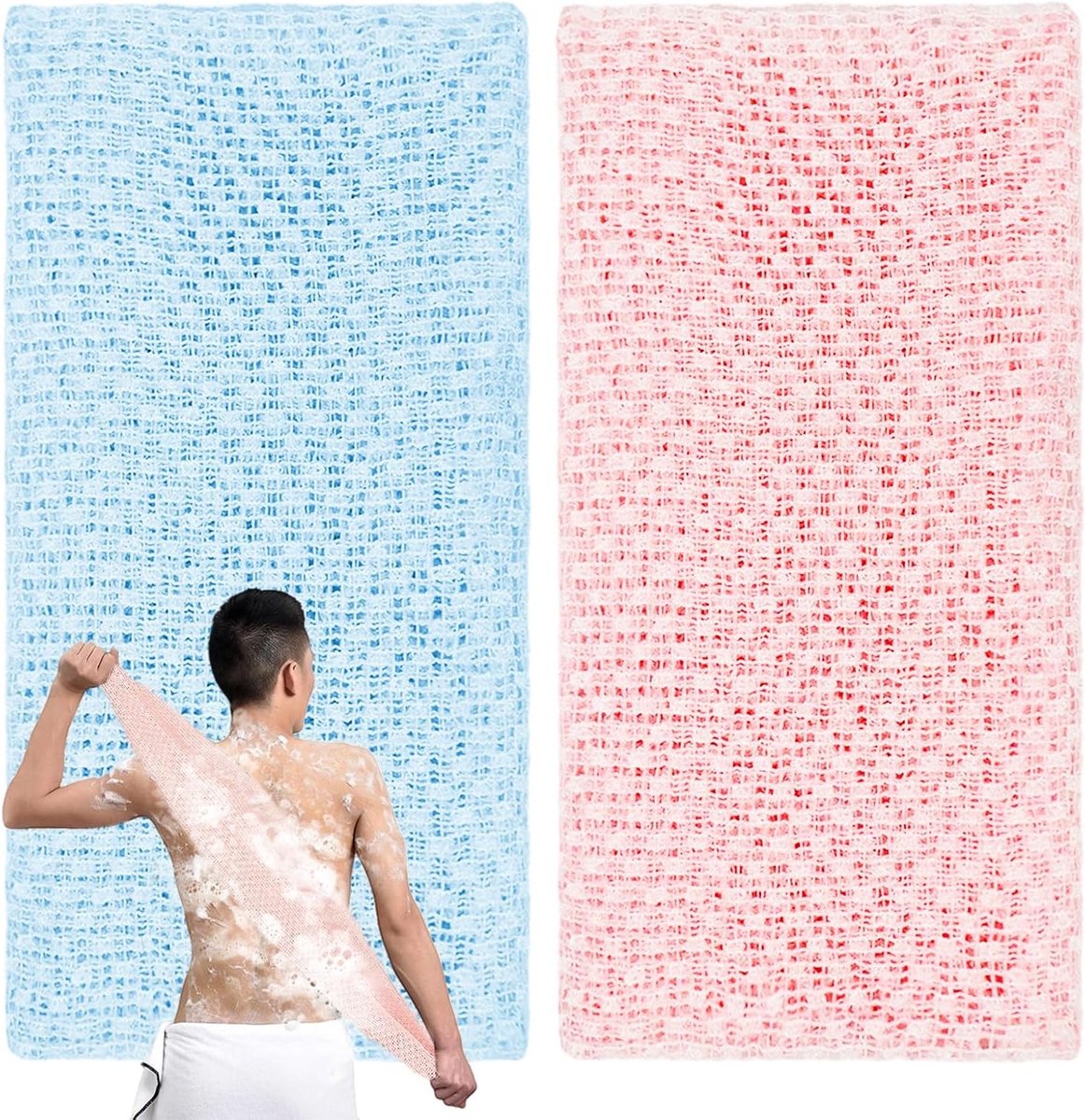 Set van 2 Exfoliërende Rug Scrubbers - Lange Douchehanddoeken voor Lichaamsreiniging en Massage (Blauw Roze)