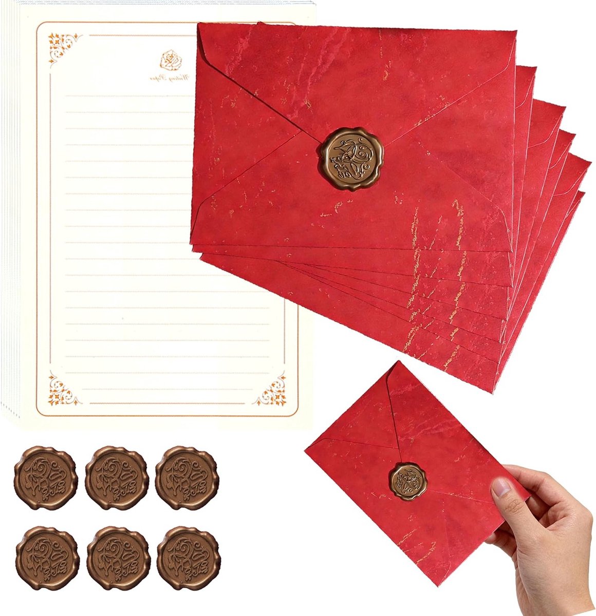 Elegante Vintage Briefpapier Set met 20 A5 Schrijfpapier, 6 Rode Enveloppen en 6 Zelfklevende Waszegels voor Liefdesbrieven, Trouwaankondigingen en Bedankkaarten
