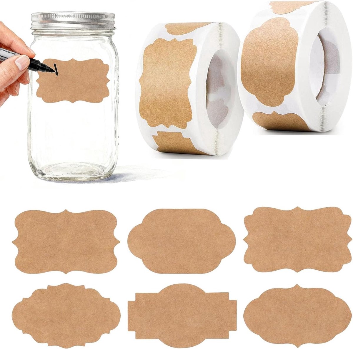 Set van 600 zelfklevende kraft etiketten, schrijfbare cadeau stickers voor potten, flessen en ambachtelijke decoratie