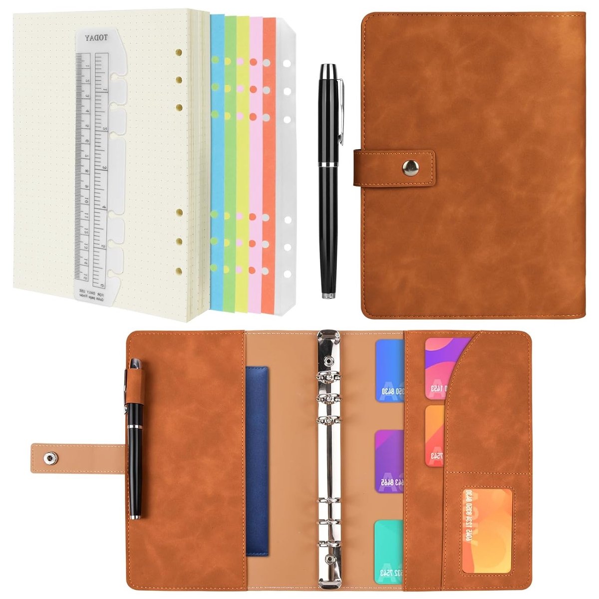 Ringband Notitieboek van PU Leer A6, Navulbare Planner met Puntjespapier, Interne Vakken, Tabbladen en Dagboek voor Reizen, Werk, School en Persoonlijke Organisatie, Bruin