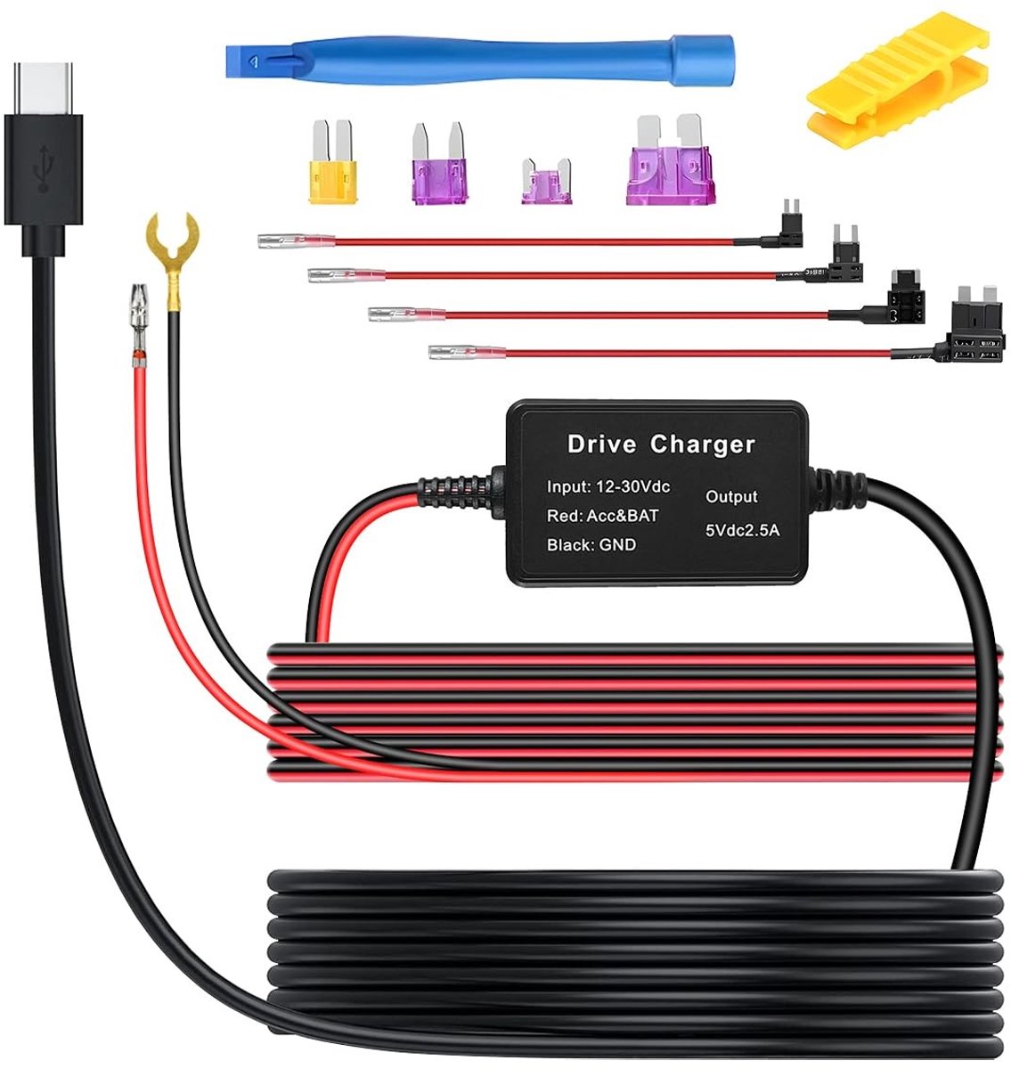 Dailygoods - Dailygoody - Dash Cam Oplader - Universele Dash Cam Hardwire Kit - Hoogwaardige Kwaliteit - Type-C USB - Laagspanningsbeveiliging - Geschikt voor Dash...