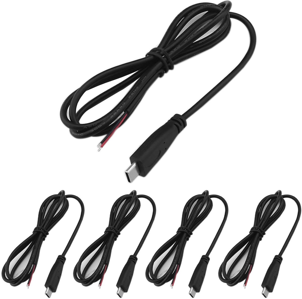 Dailygoods - Dailygoody - USB C Pigtail Kabel 5x 1m 22AWG 5V 3A - Voor Arduino & LED Strips