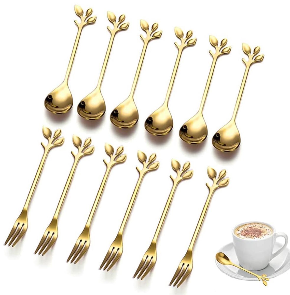 Dailygoods - Dailygoody - Dessertlepels en vorken - Set van 12 stuks - Goud - IJslepel en fruitvork - Vaatwasserbestendig - Geschikt voor koffie en dessert