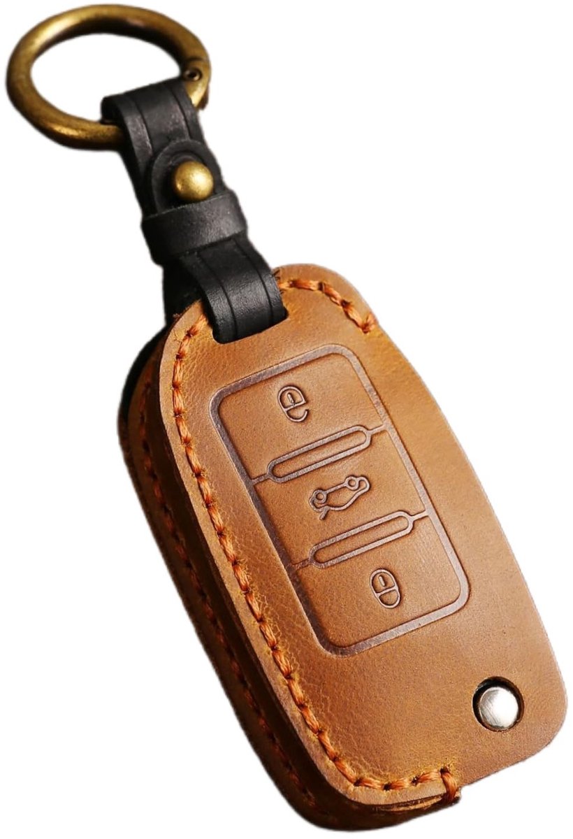 Dailygoody - Lederen autosleutel beschermhoes - Sleutelhanger - Duurzaam - Bruin - Waterdicht - Perfect voor Volkswagen modellen - 3 knoppen