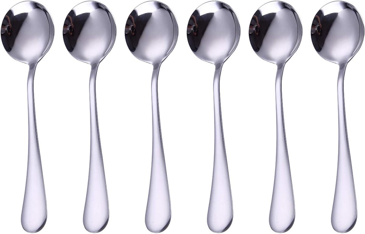Set van 6 Ronde RVS Soeplepels van 19 cm - Perfect voor School, Kantoor en Thuis, Vaatwasserbestendig