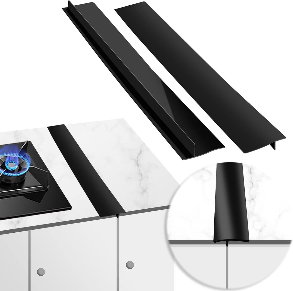 Siliconen Kookplaat Afdekking Set van 2, Lange en Brede Gatenvullers voor Kookplaat, Oven en Wasmachine (Zwart, 76 cm)