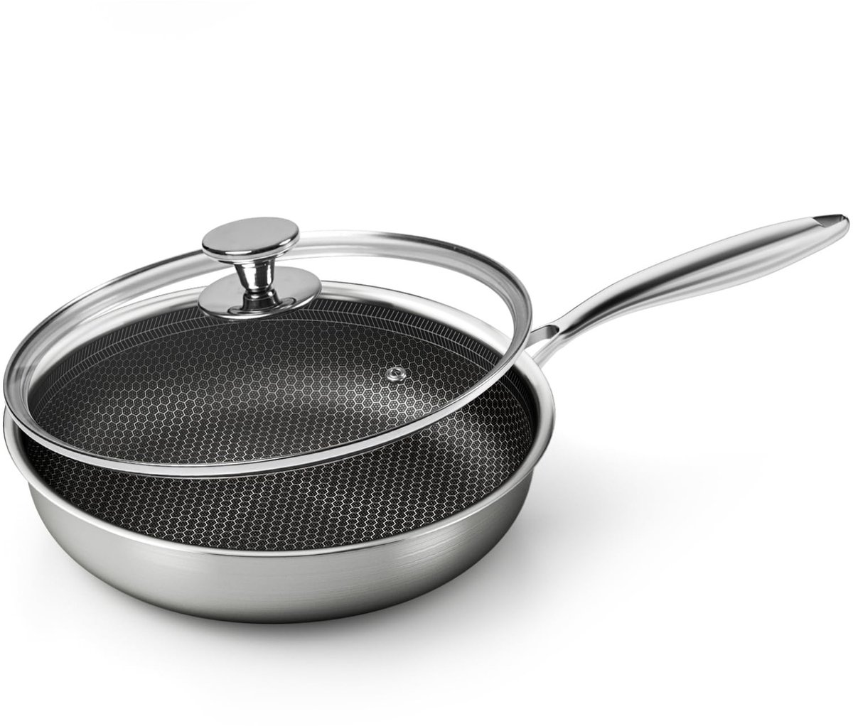 Dailygoody - Anti-aanbakpan - Roestvrij staal - Met deksel - 28 cm - Krasbestendig - Vaatwasmachinebestendig - Geschikt voor inductie - Zilver