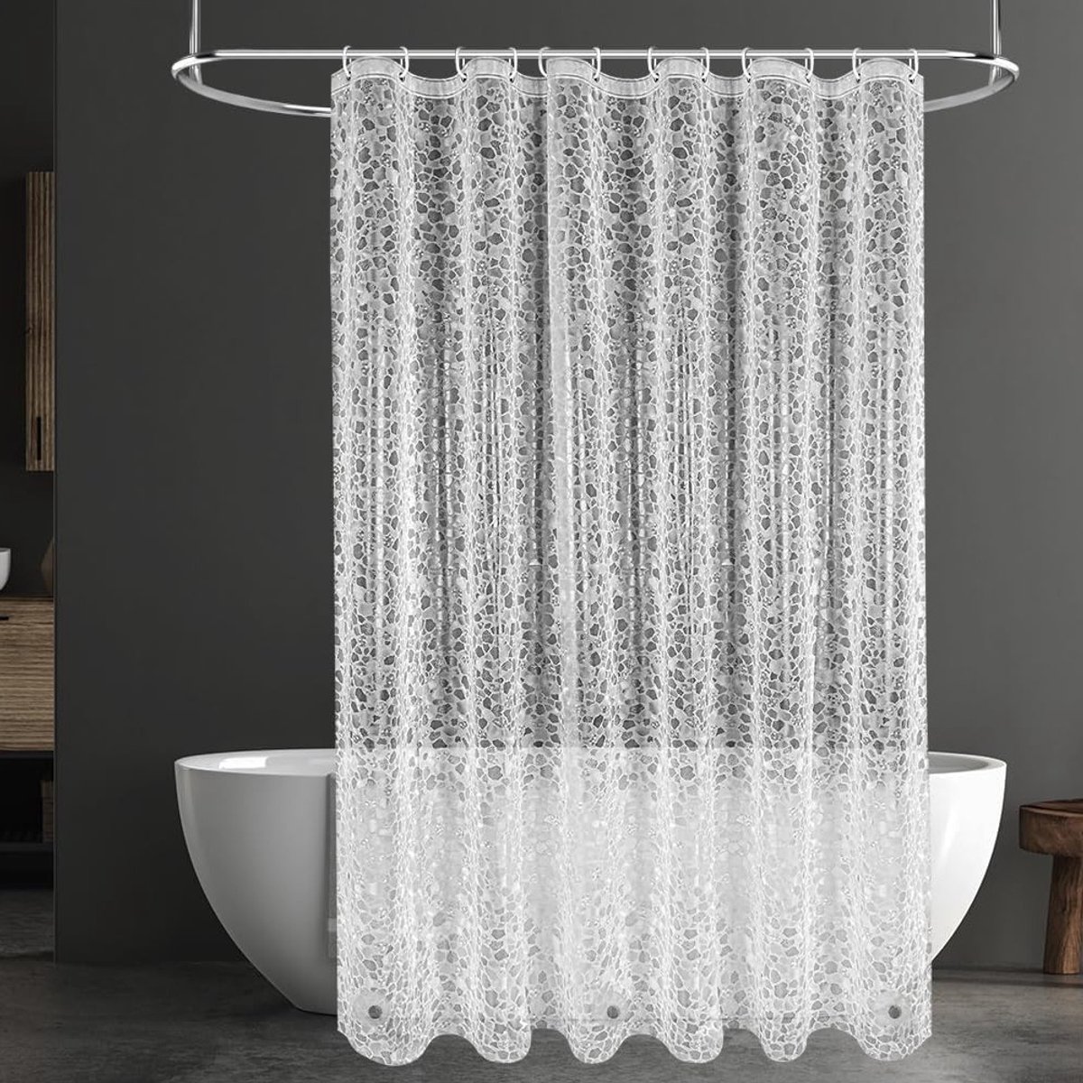 Mildew Bestendige Douchegordijn 180 x 180 cm, 3D Semi-Transparant, PEVA, Wasbaar, Inclusief 12 Haakjes en Magnetisch Ondergewicht, Ideaal voor Badkuip en Badkamer met Grindpatroon