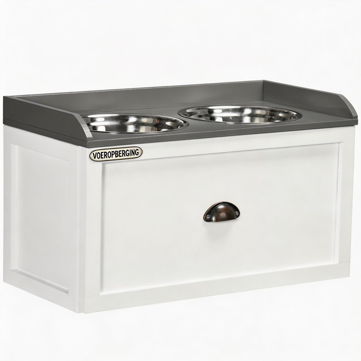 Voerbak huisdier verhoogd ROLIPO – Honden voerbak met standaard en lade, 2x2L RVS voerbak hond, voerstation hond groot, dubbele hondenbak, voerbak kat hond, hondenaccessoires opberger, wit 60x30x36 cm