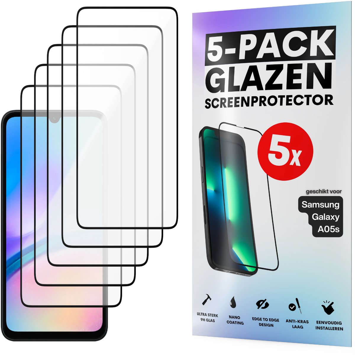 Screenprotector - Geschikt voor Samsung Galaxy A05s - Gehard Glas - Full Cover Tempered Glass - Case Friendly - 5 Pack