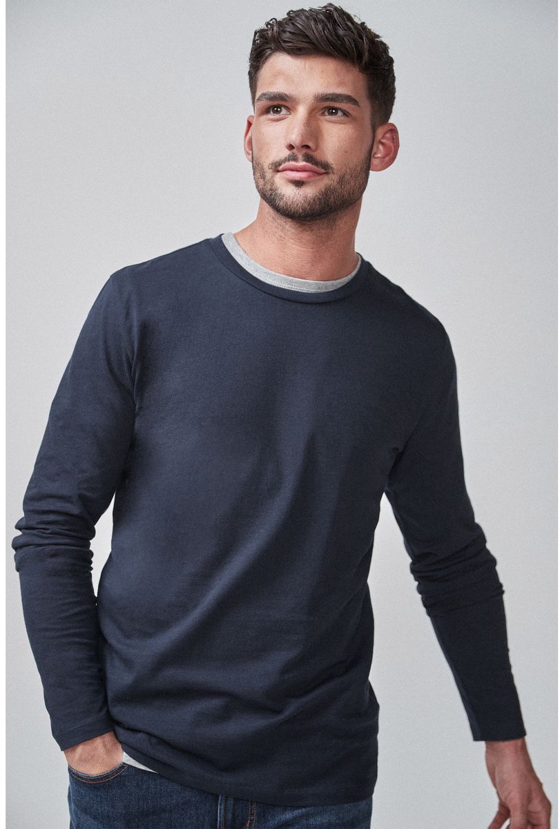 Next - Heren - Slim-fit T-shirt met lange mouwen en ronde hals - Blauw