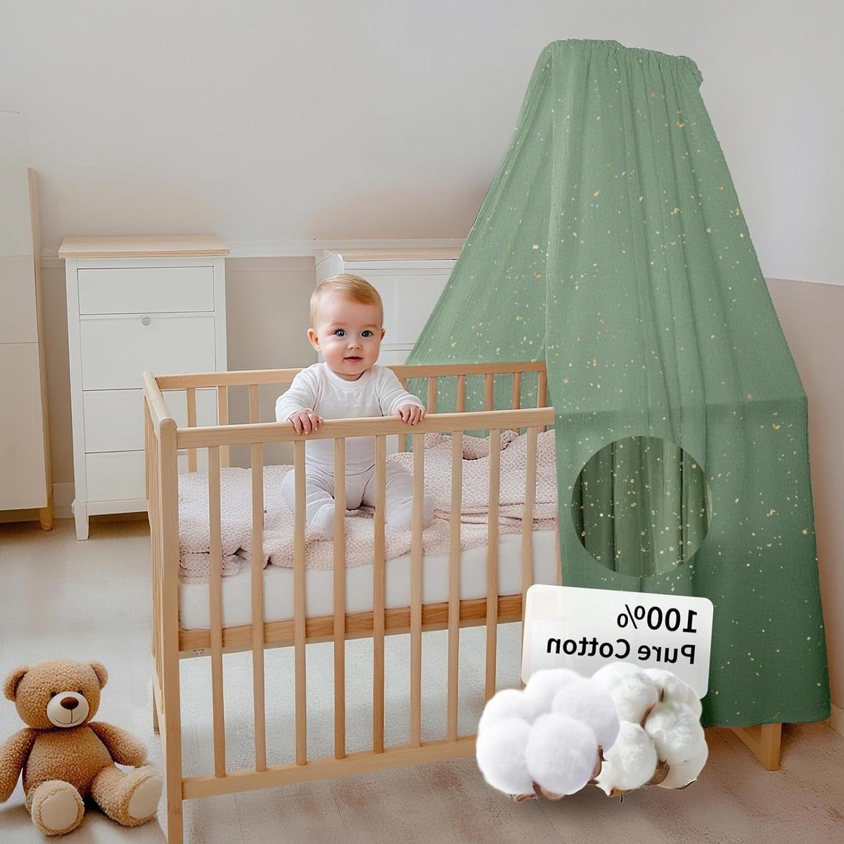 Babydekbedovertrek Mousseline Katoen - Handgemaakt Beddengoed - Kinderkamer Decoratie - Gouden Applicaties - 140 x 270 cm - Eucalyptus
