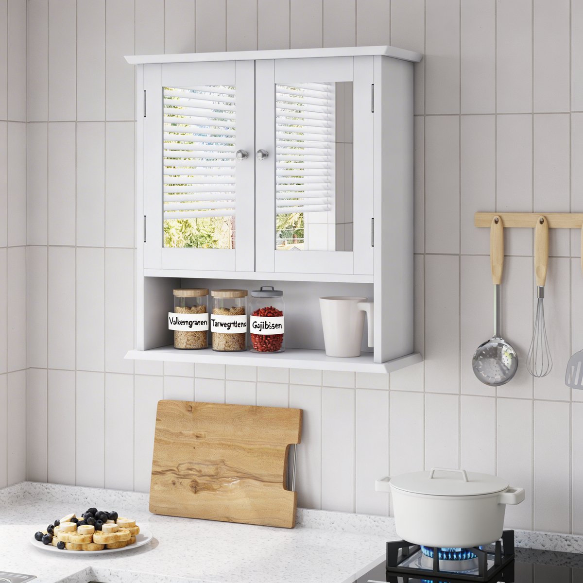 Spiegelkast badkamer - ROLIPO - badkamerkast met spiegel, medicijnkast, wandkast, opbergkast met verstelbare plank, hangkast voor badkamer, wasruimte en keuken - wit - 50 x 20 x 60 cm
