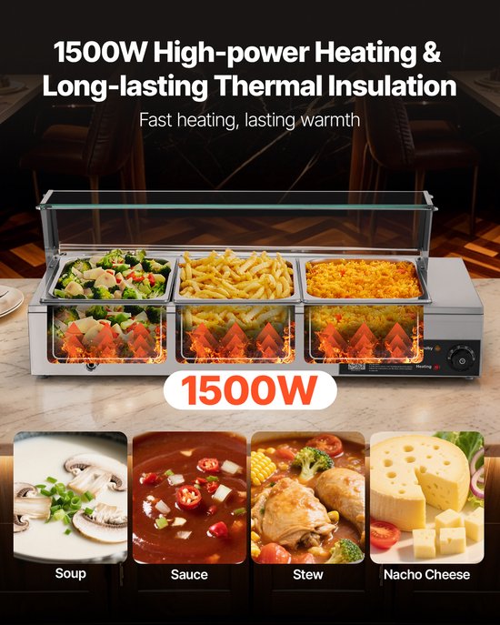 VEVOR Commerciële Voedselwarmer met Glazen Deksel en 3 Containers (1/2 Formaat) 1500W Buffet Warmer Roestvrij Staal, Buffet Containers Buffet Waterbad Voedselwarmer voor Restaurants Feesten Buffetten — afbeelding 5