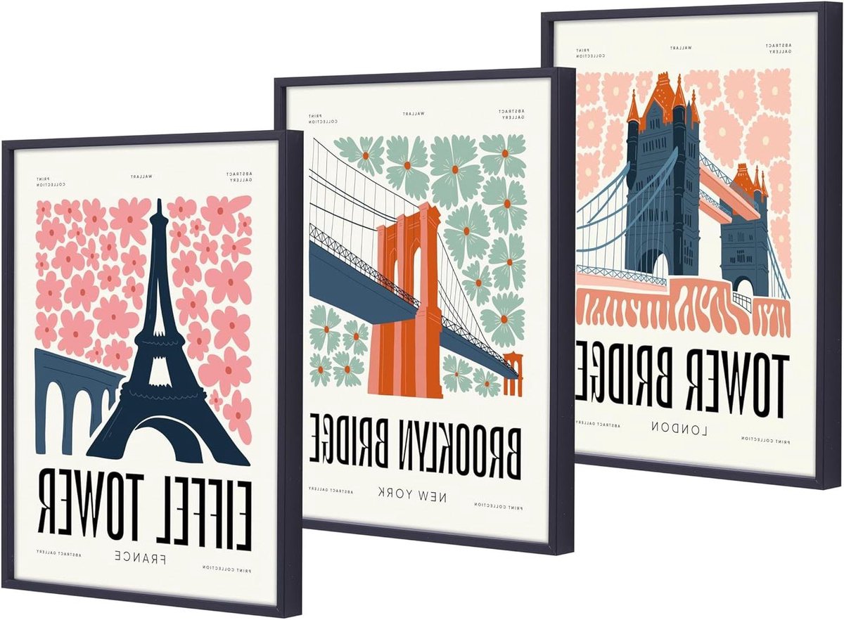 Ingelijste Muurkunst Set - Stadsgezichten Prints - Woonkamer Decoratie - Set van Drie Stukken - 30 x 40 cm - Roze
