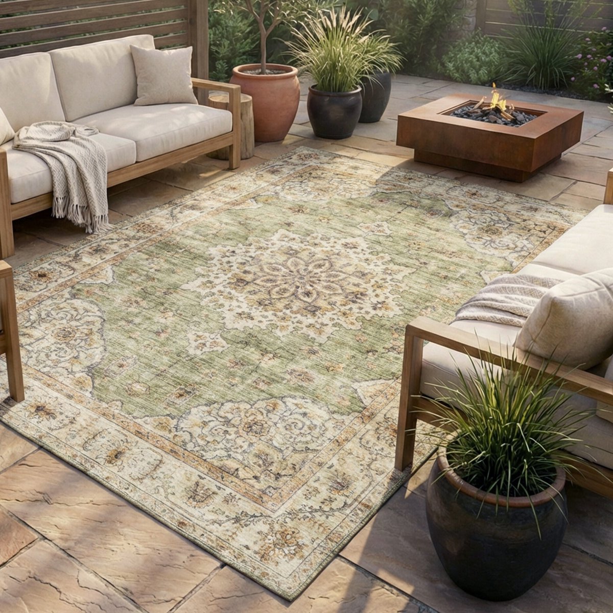 Fraai Vintage buitenkleed - Santo Medaillon Groen - 160x230cm