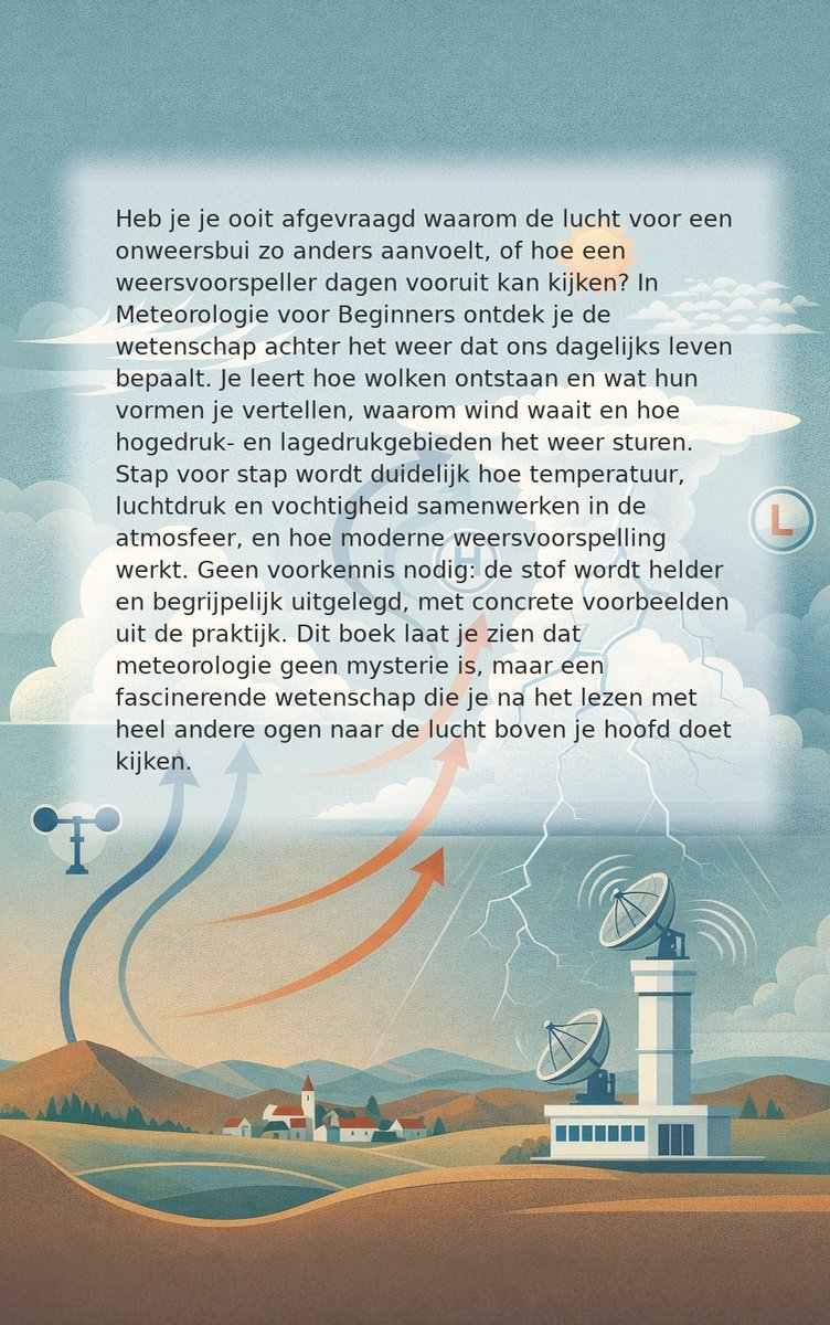 Boekomslag "Meteorologie voor Beginners". Met tekst over het weer, de wetenschap en weersvoorspelling. Illustratie van weersverschijnselen, wolken, bliksem, zon en wind met pijlen.