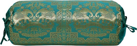 Ethnic Tubular Sofa Bolster Cushion Covers Emerald Green Gold Elephant Roll Cushion Silk Round Tube Cushion Flowers Decorative Brocade Cushion Covers - (76x38cm) - Set of 2 — afbeelding 5