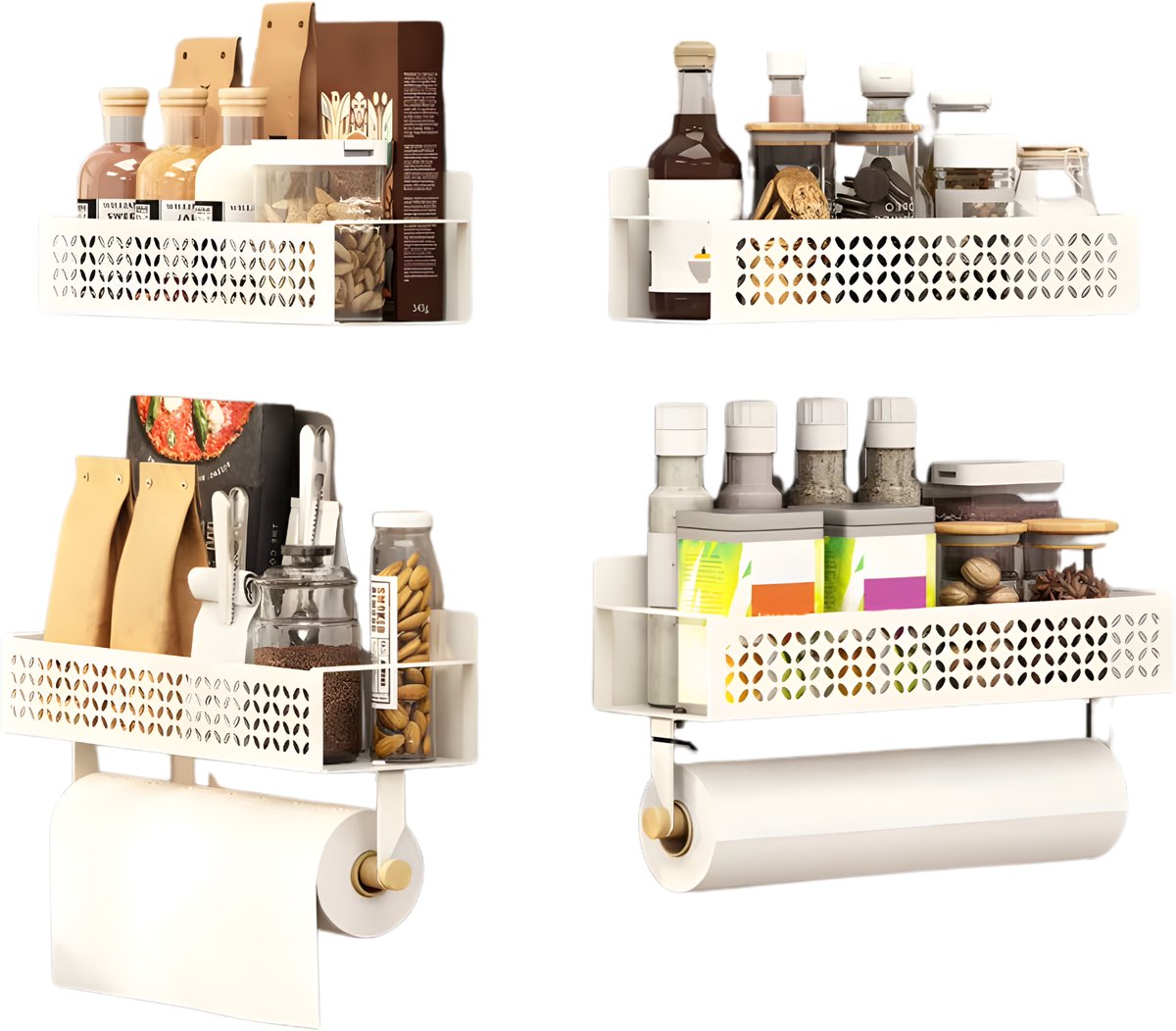 Magnetische opbergrek Set van 4 - Koelkast Organizer voor Keuken - Muurmontage zonder Boren - Metaal/Kunststof - Wit