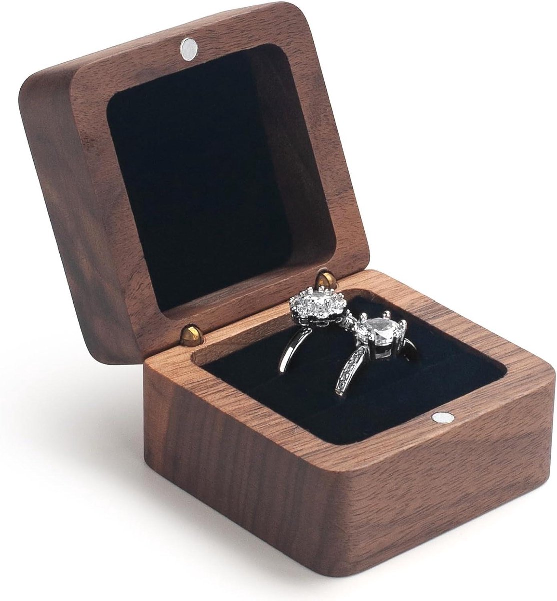Houten Ringendoos - Juweeldoosje Bruiloft - Ringen Presenteren - Voor Twee Ringen - Draagbaar Formaat - Zwart