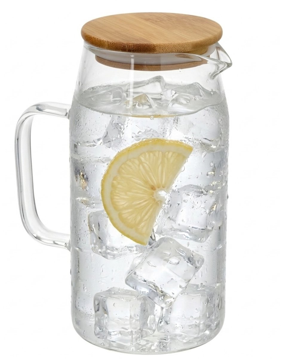 Gerimport Water / sapkan - met bamboe deksel - 1,1 ltr - glas - schenkkan