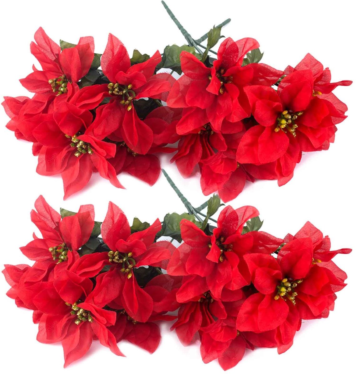 Kunststof Kerstster Poinsettia Bos - 4 Stuks, 6 Bloemen - Rood - 35 cm