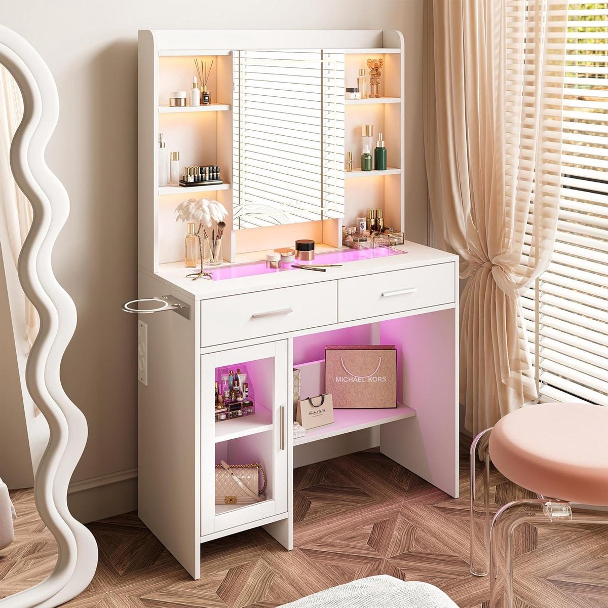Kaptafel met Spiegel - Make-uptafel - Make-up en Werk - Geïntegreerde Led en Stopcontact