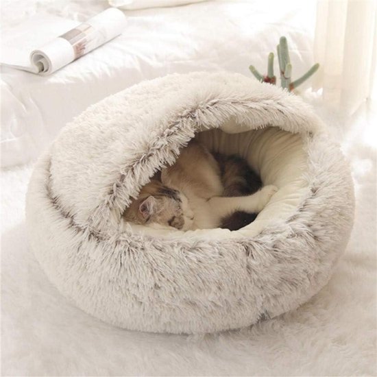 Lit rond et moelleux Cat à capuche en peluche douce - Oreiller de couchage chaud pour animal domestique - Lit antidérapant lavé en machine pour Cat et Puppy - Couleur Coffee - 60 cm