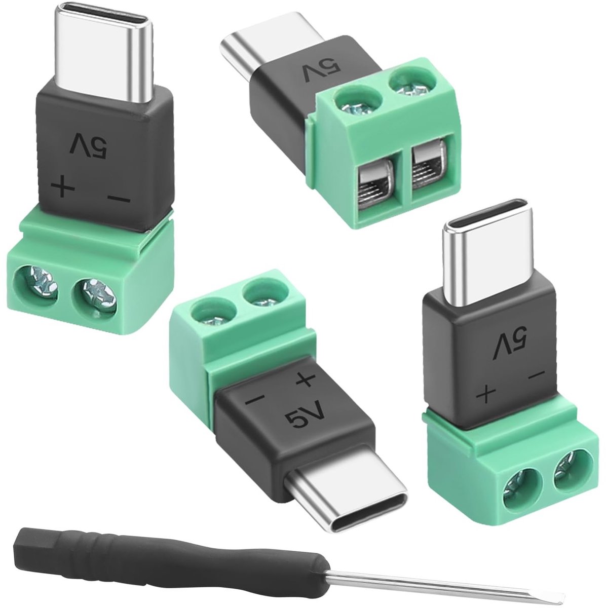 QIANRENON USB C Adapter 2 Pin Solder-free Plug - 5V 1.5A - 4 Pack
