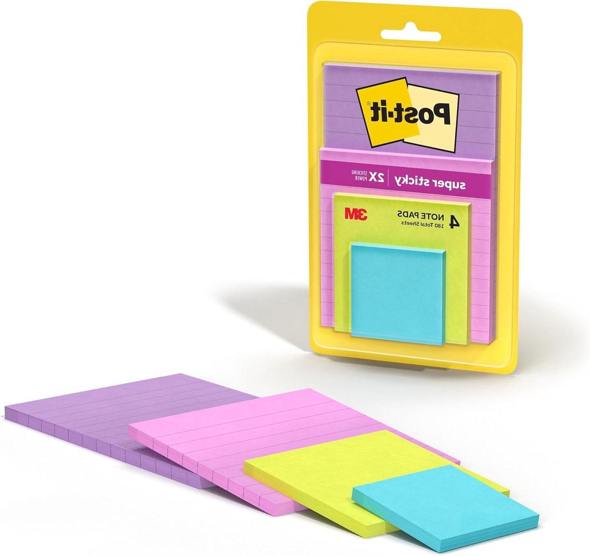Post-it Super Sticky Notes, Various Sizes, 4 Pads, 2x the Sticking Power, Supernova Neons, Neon Colors, Recyclable (4622-SSMIA)