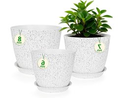 CSYY Plantenpotten binnen, plastic plantenbakken met drainagegaten en schotel, decoratieve streepgroeven bloempotten voor binnen en buiten kamerplanten (wit en zwart, 8/7/6 inch)