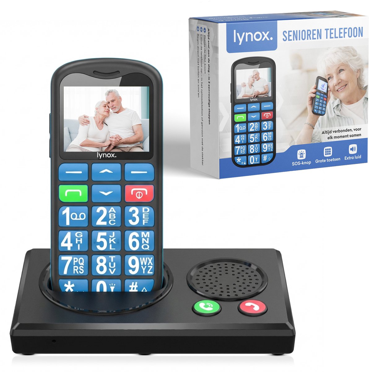 Lynox® Senioren Telefoon - Senioren GSM - Senioren Mobiele Telefoon - 4G - SOS-knop - Luid Volume - Grote Toetsen Met Kleur - Inclusief Oplaadstation - Nederlandstalig